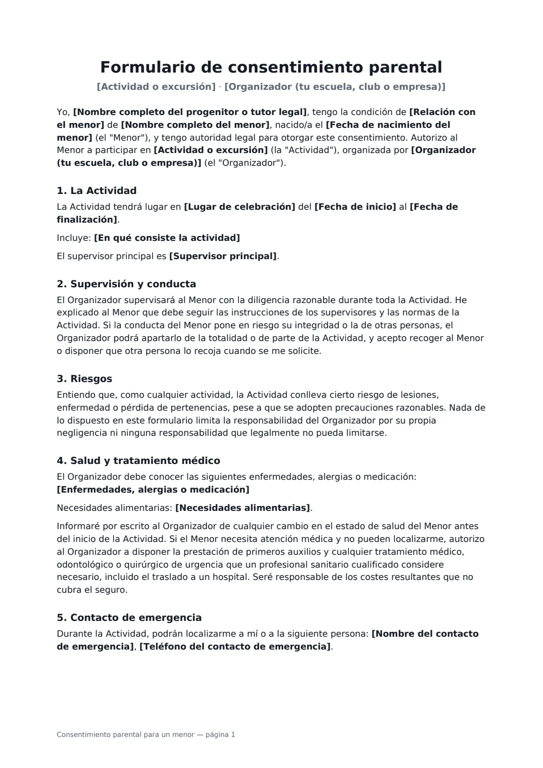 Consentimiento parental para un menor: página 1 de 2