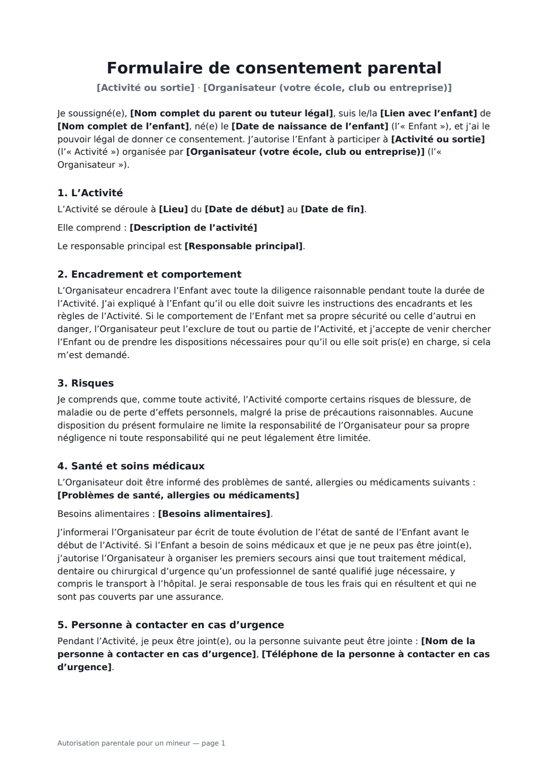 Autorisation parentale pour un mineur — page 1 sur 2