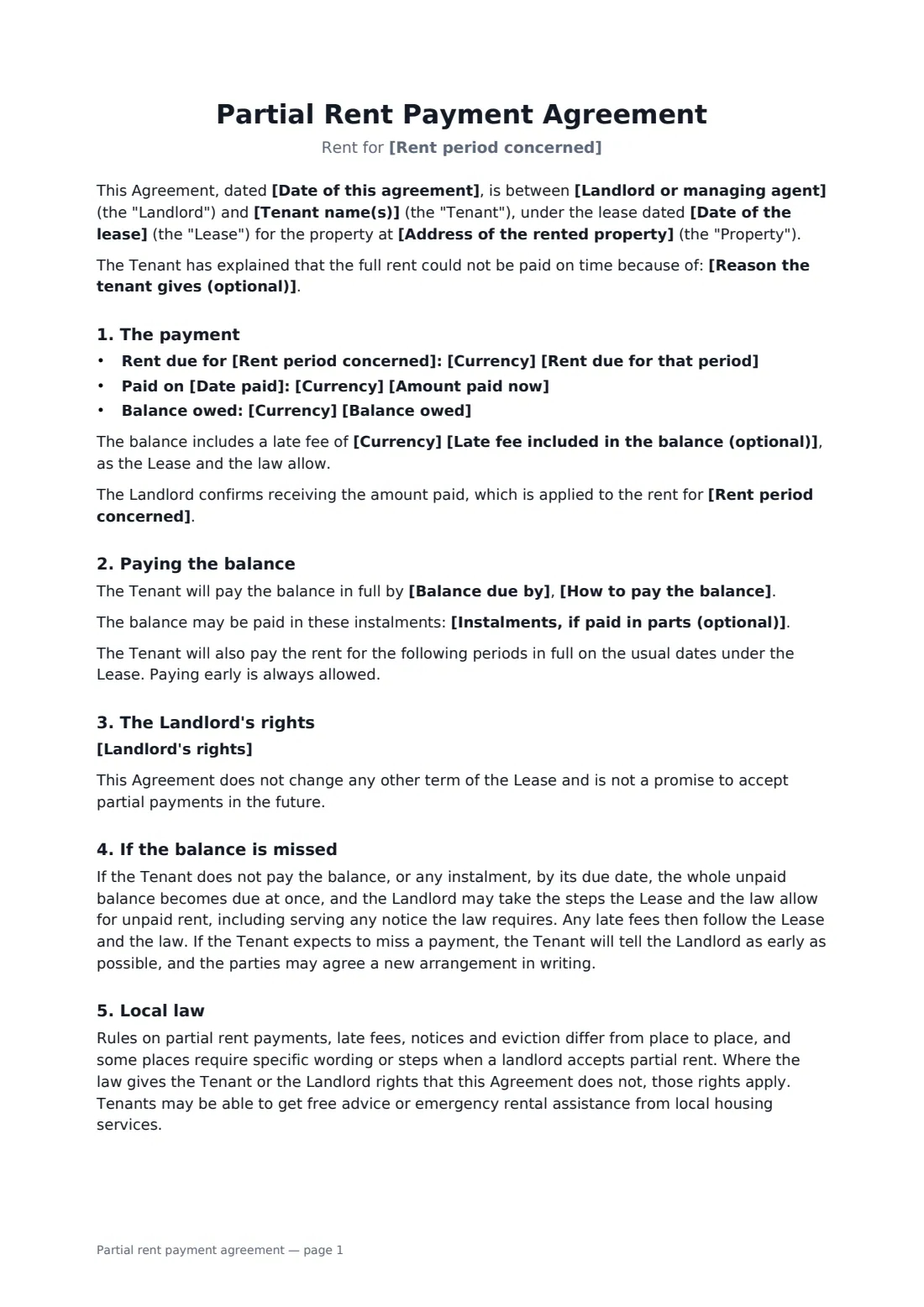 Partial rent payment agreement — page 1 of 2