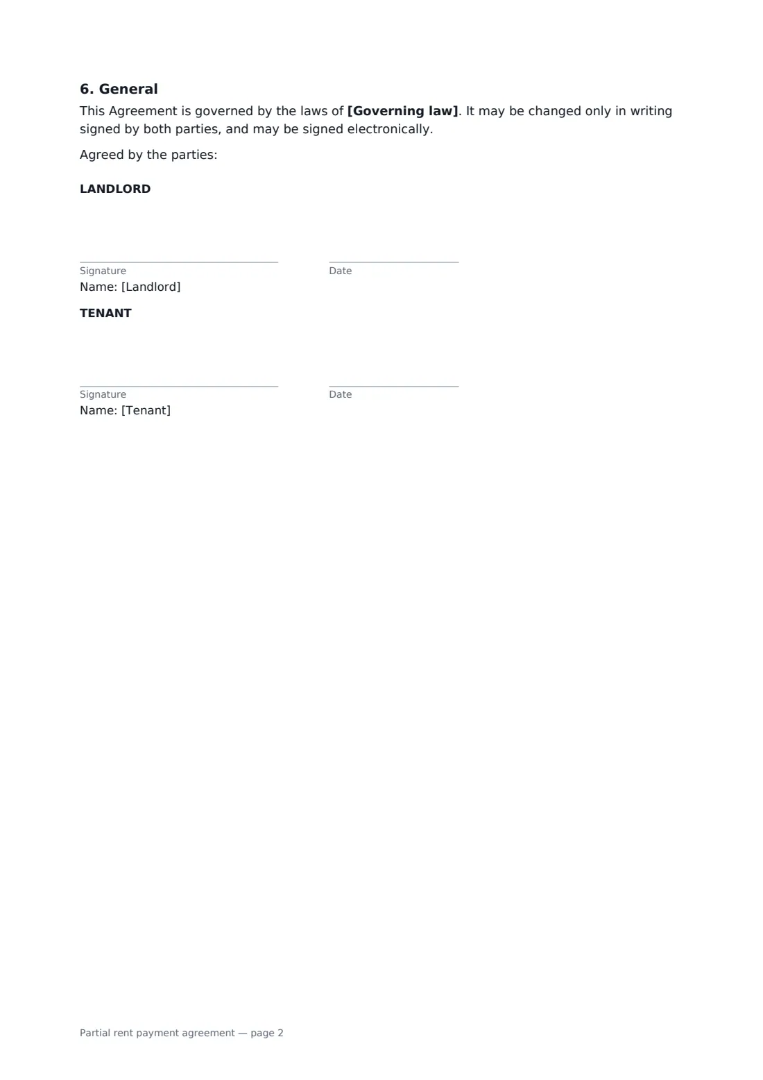 Partial rent payment agreement — page 2 of 2