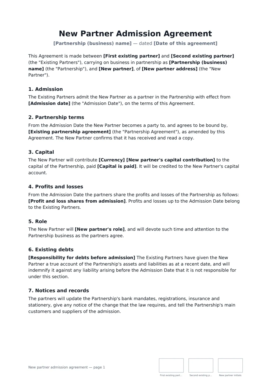 New partner admission agreement — page 1 of 2