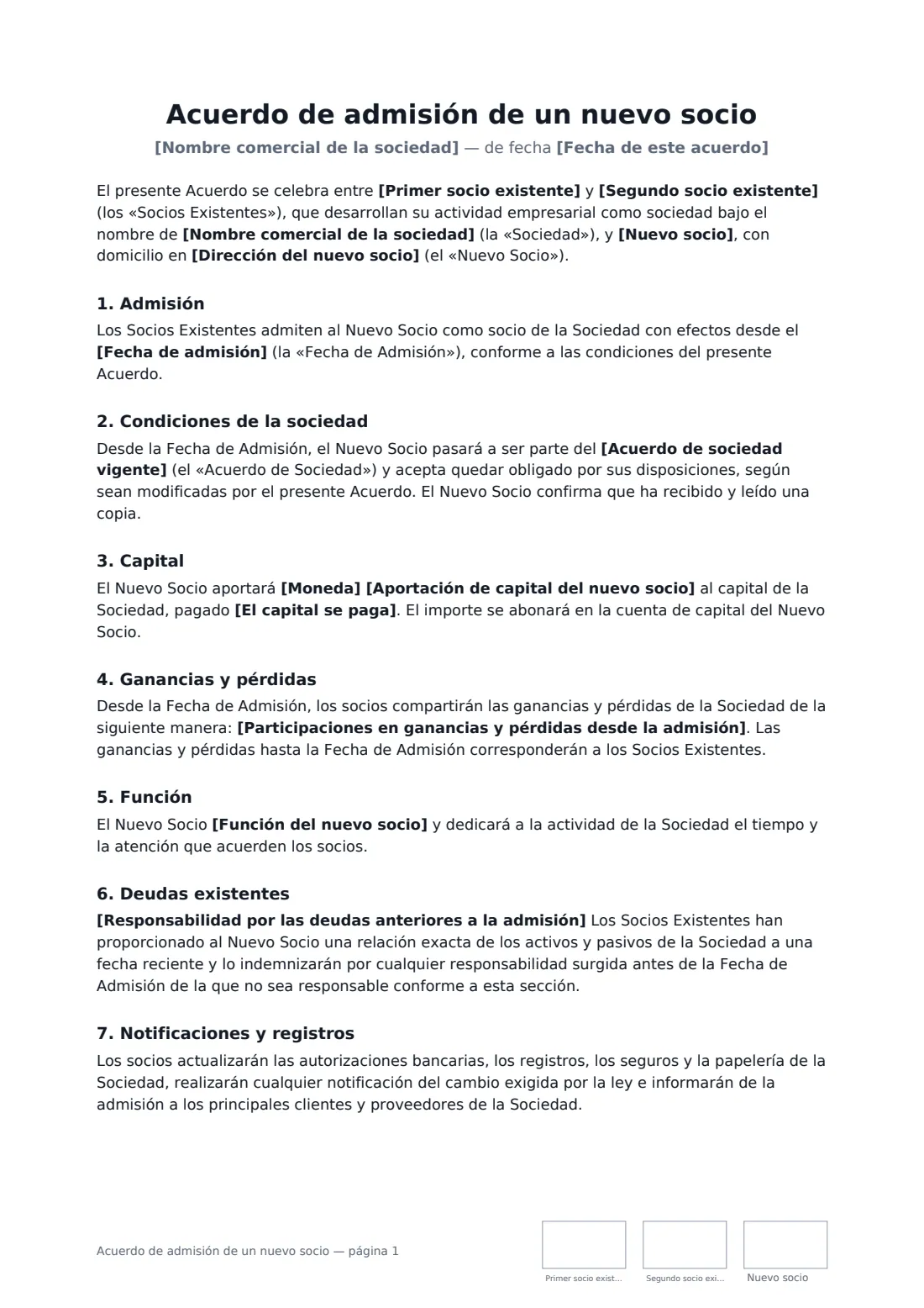 Acuerdo de admisión de un nuevo socio: página 1 de 2