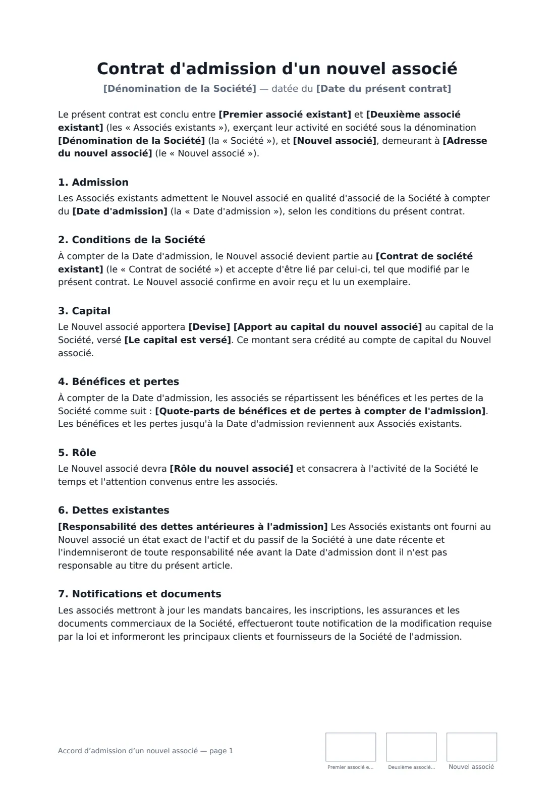 Accord d’admission d’un nouvel associé — page 1 sur 2
