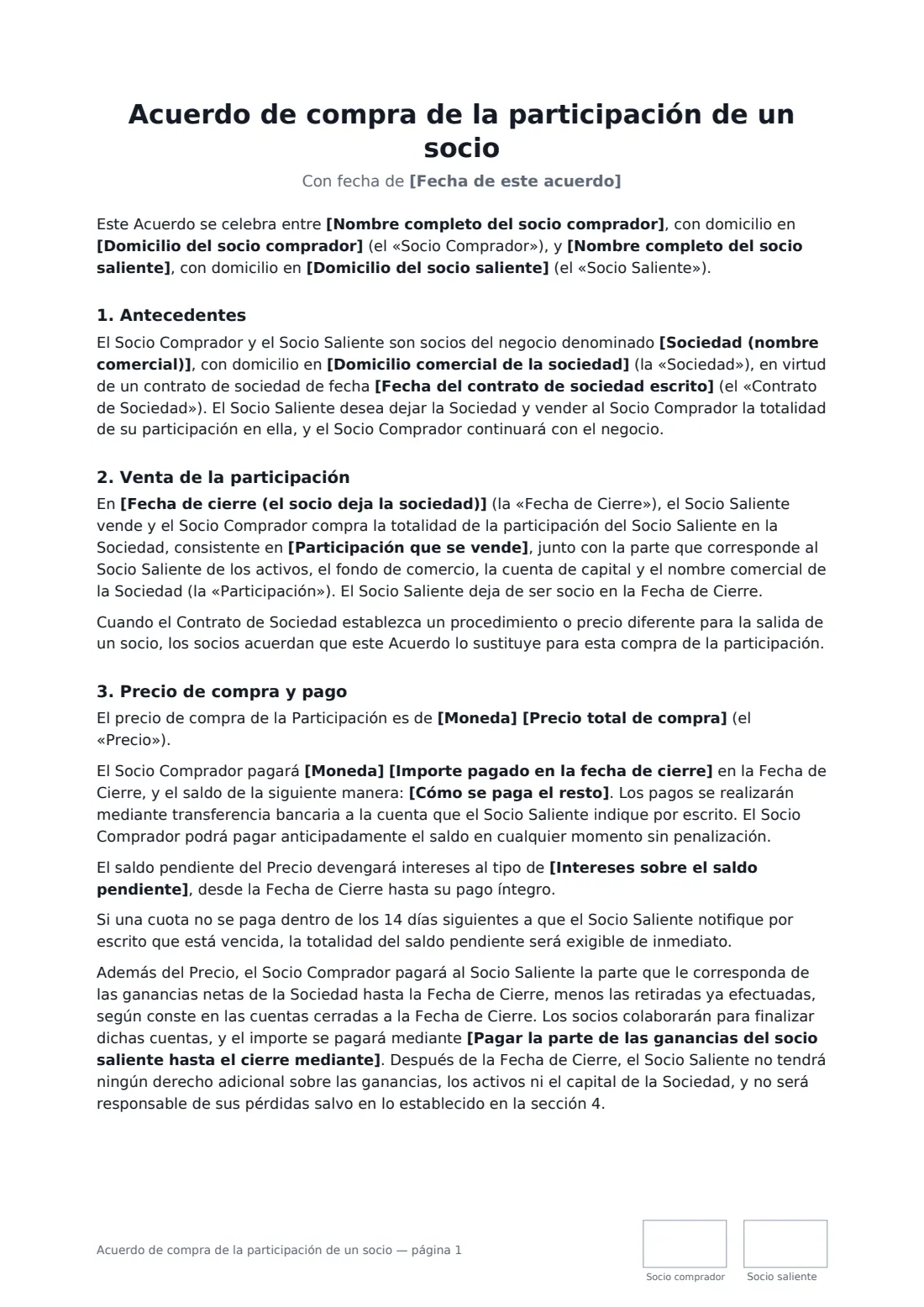 Acuerdo de compra de la participación de un socio: página 1 de 3