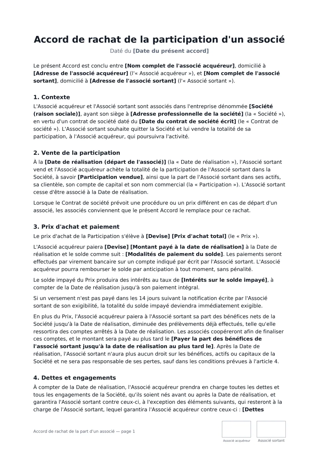Accord de rachat de la part d’un associé — page 1 sur 3