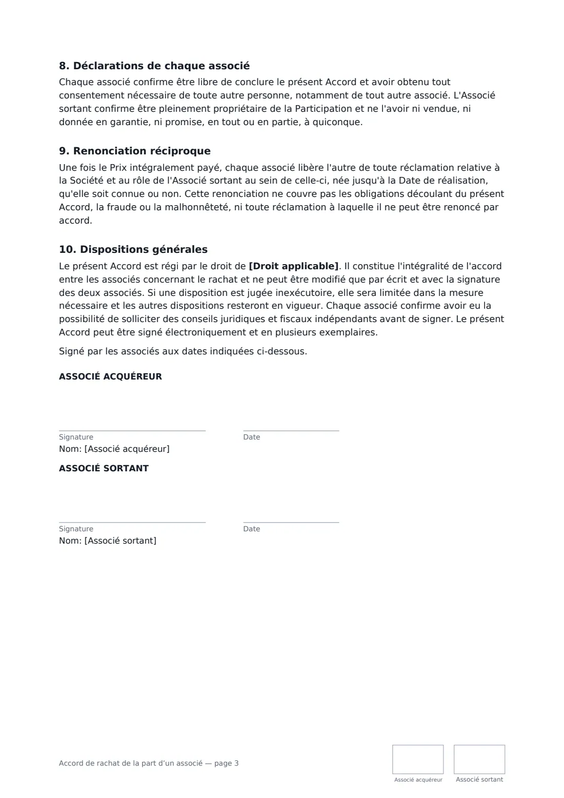Accord de rachat de la part d’un associé — page 3 sur 3
