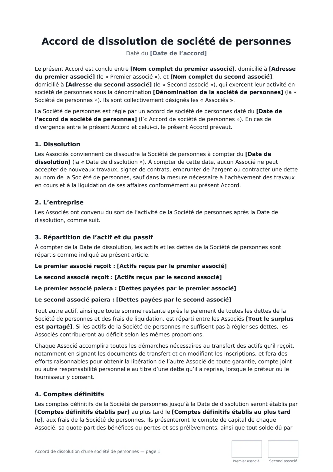 Accord de dissolution d’une société de personnes — page 1 sur 3