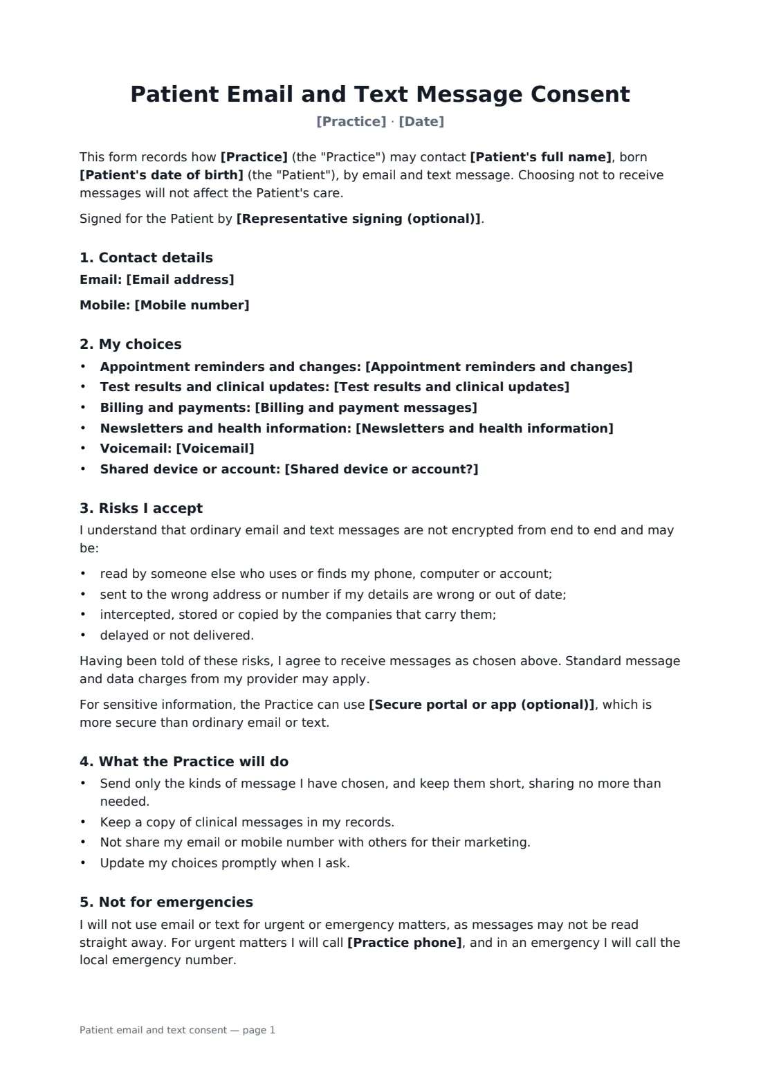 Patient email and text consent — page 1 of 2