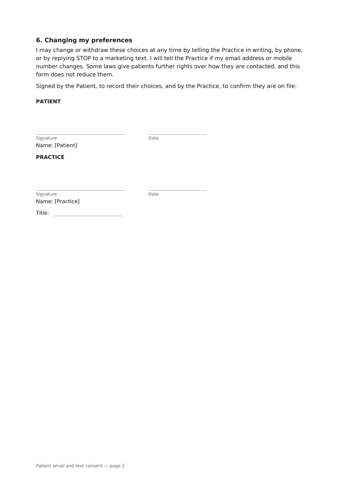 Patient email and text consent — page 2 of 2