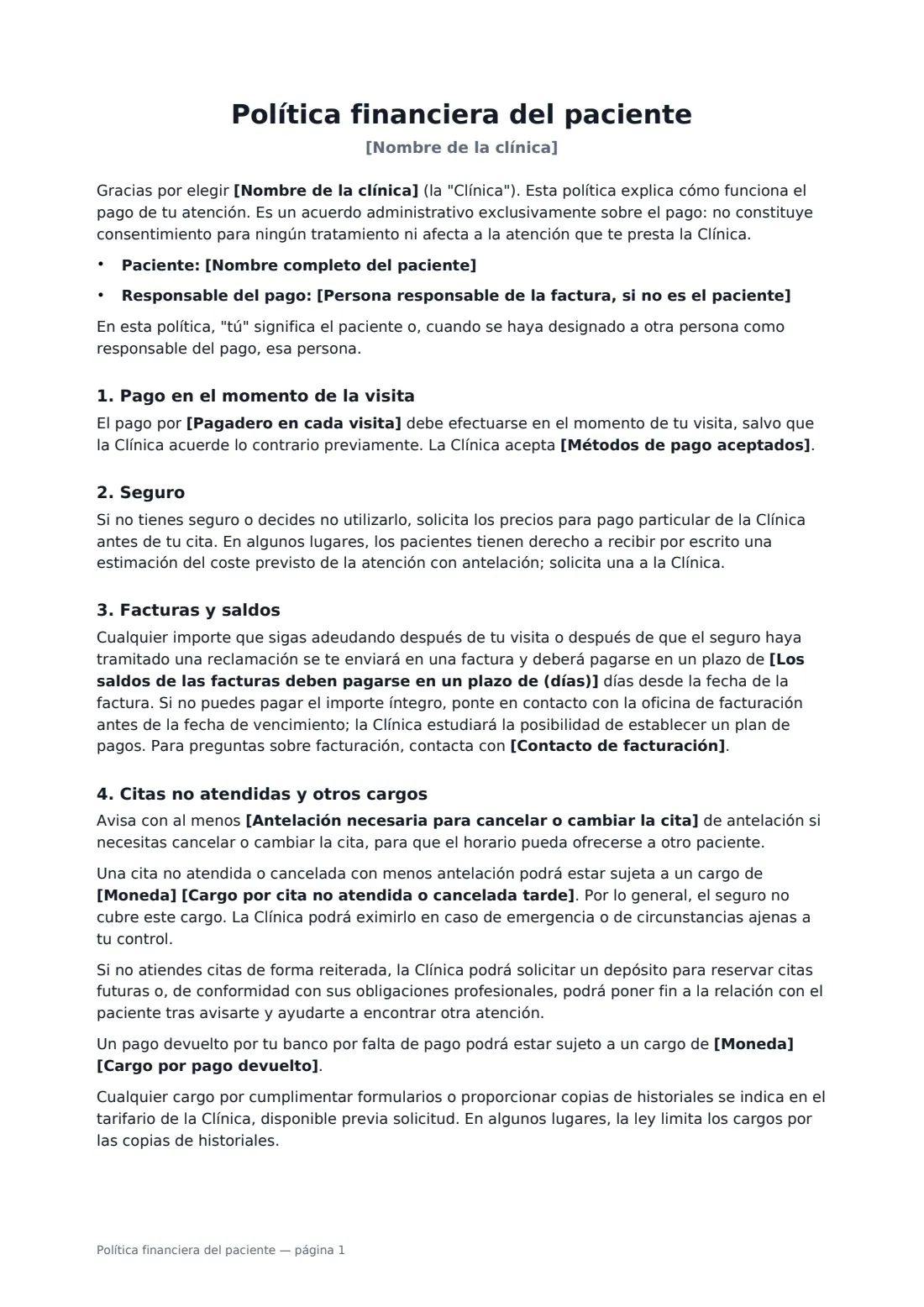 Política financiera del paciente: página 1 de 2