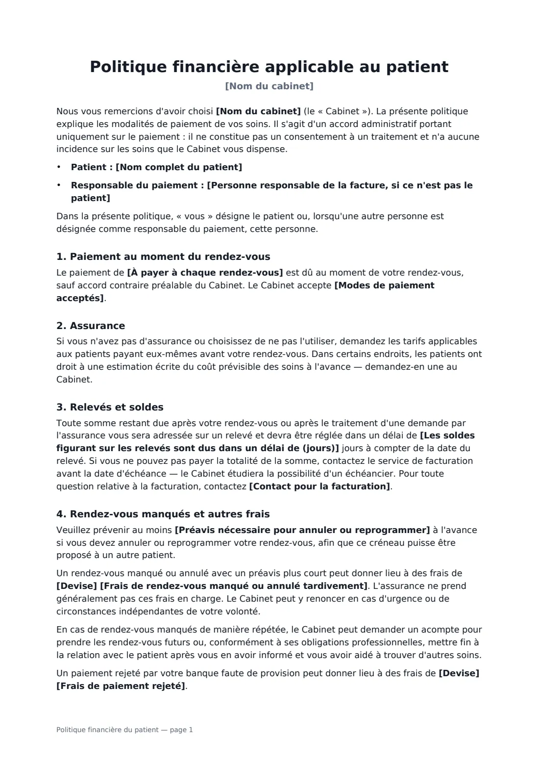 Politique financière du patient — page 1 sur 2