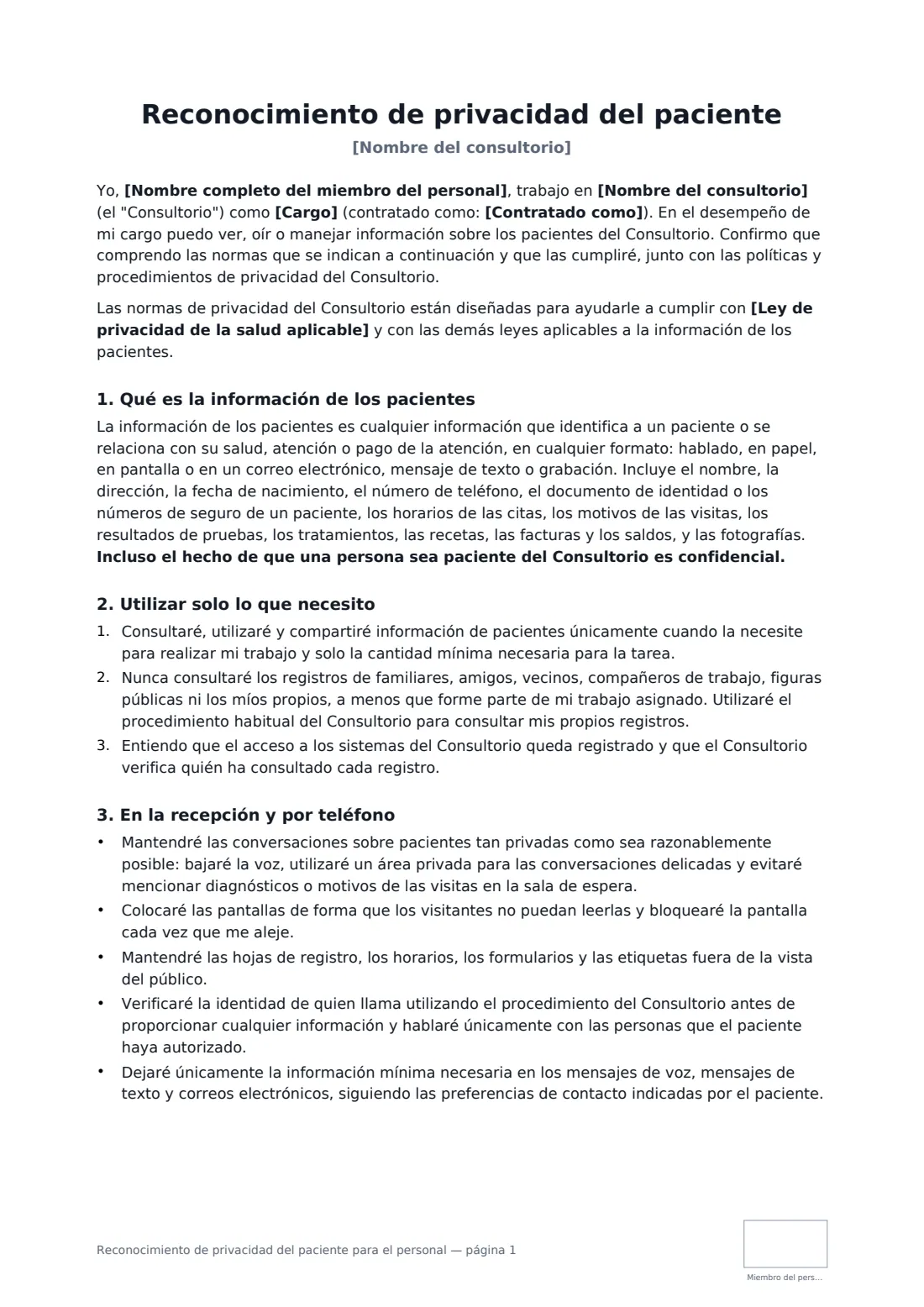 Reconocimiento de privacidad del paciente para el personal: página 1 de 3