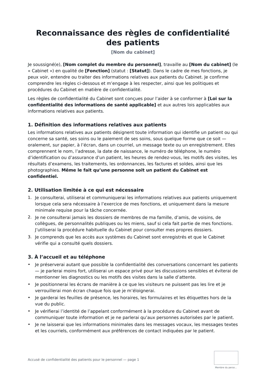 Accusé de confidentialité des patients pour le personnel — page 1 sur 3