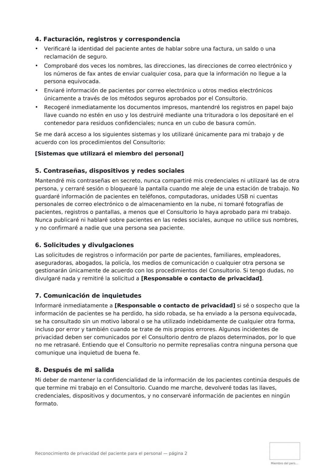 Reconocimiento de privacidad del paciente para el personal: página 2 de 3