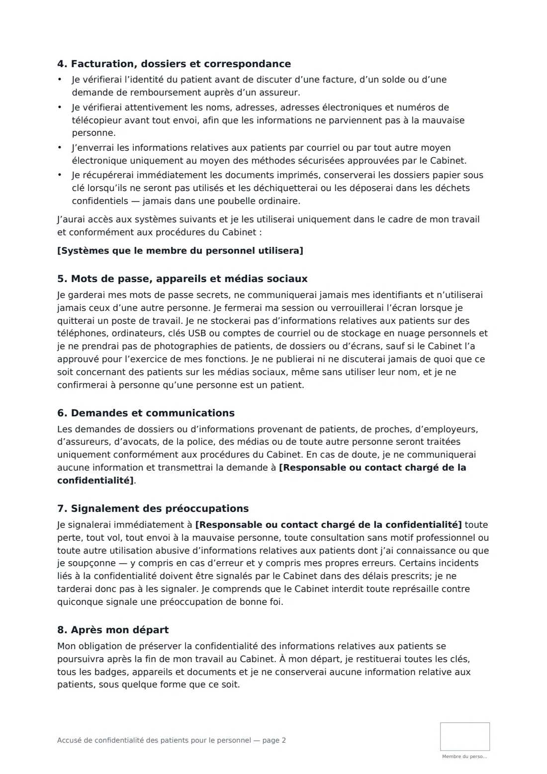 Accusé de confidentialité des patients pour le personnel — page 2 sur 3