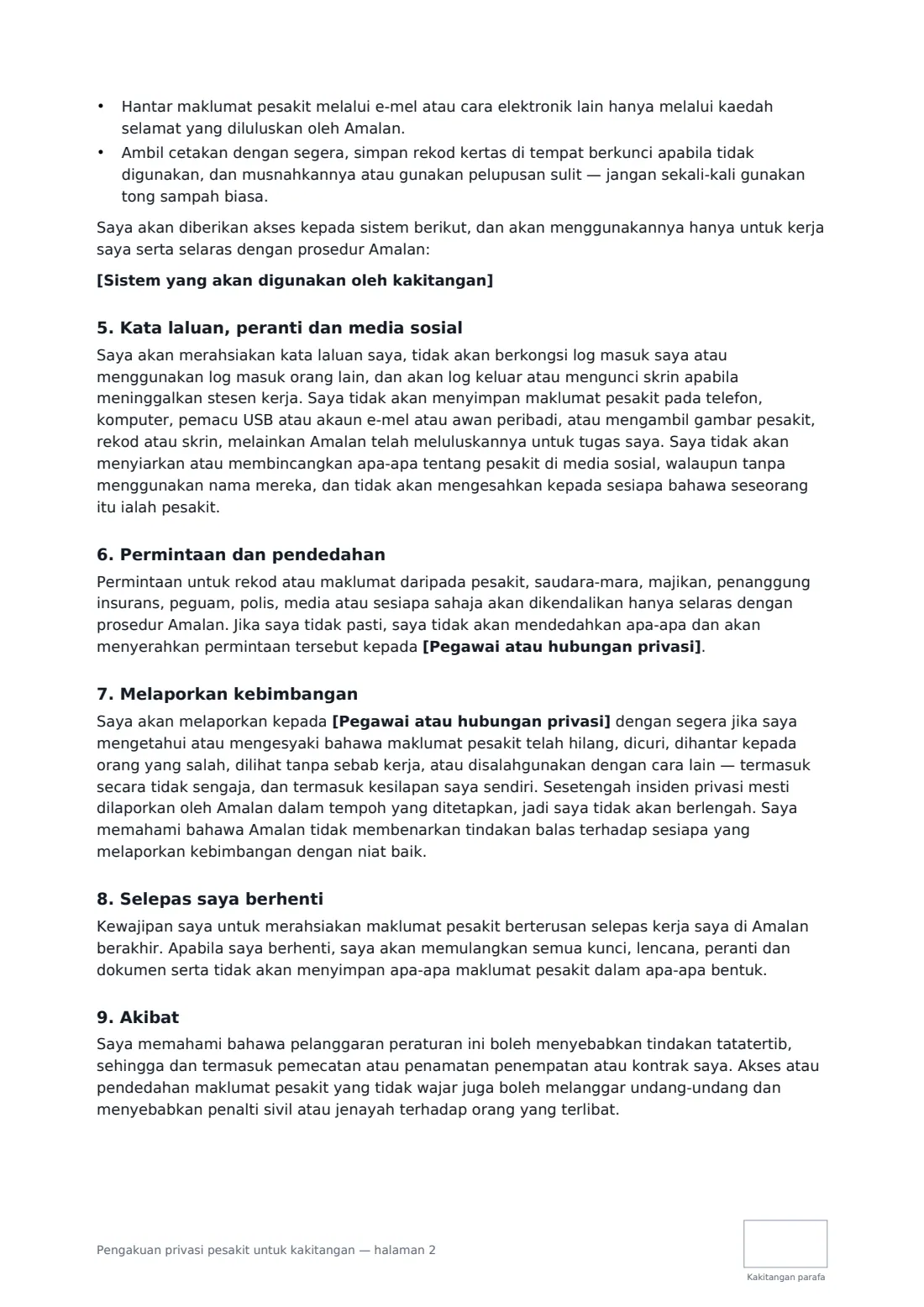 Pengakuan privasi pesakit untuk kakitangan — halaman 2 daripada 3
