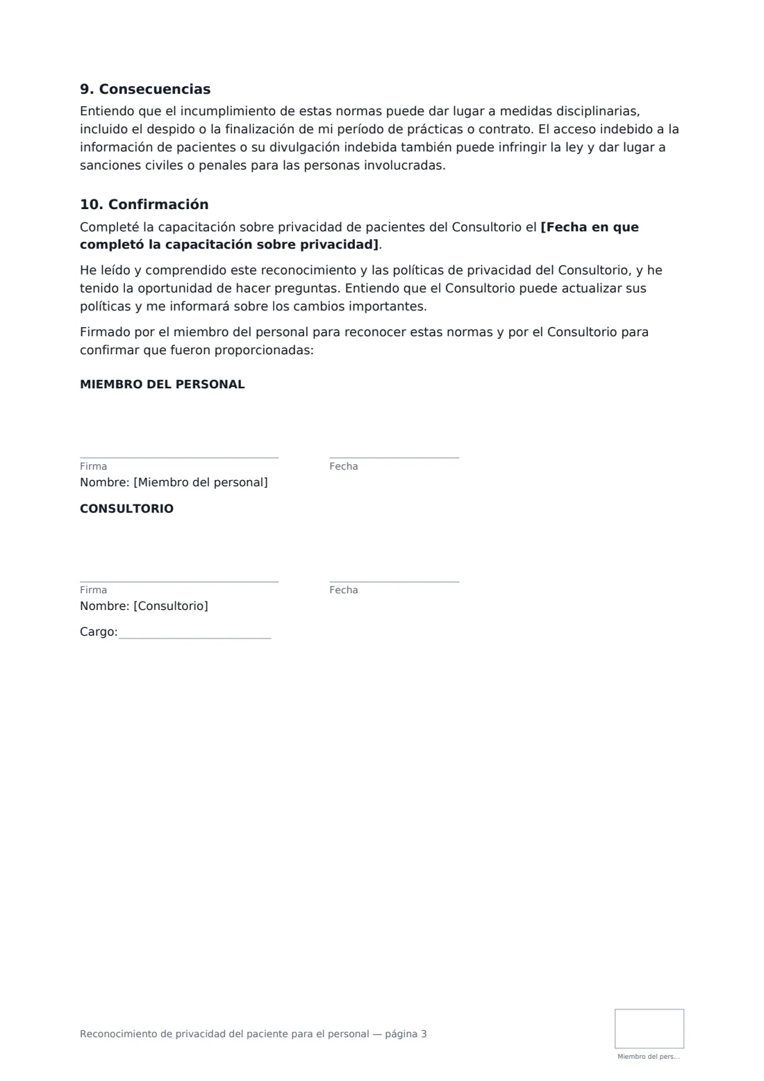 Reconocimiento de privacidad del paciente para el personal: página 3 de 3