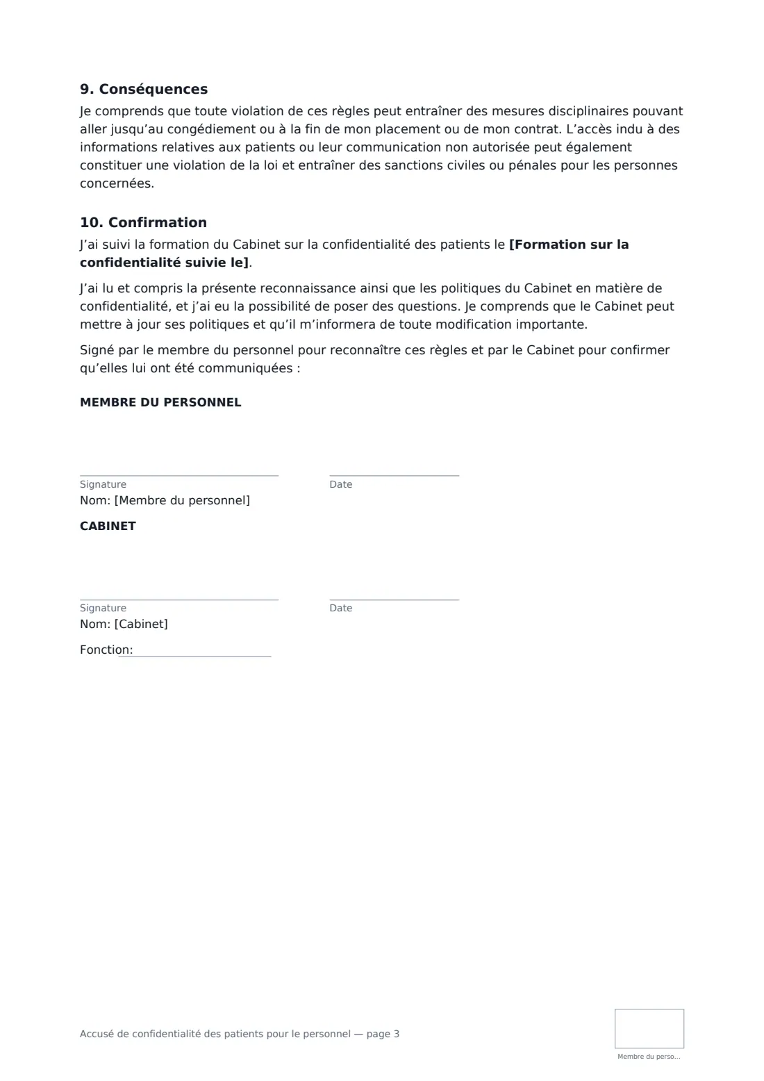 Accusé de confidentialité des patients pour le personnel — page 3 sur 3