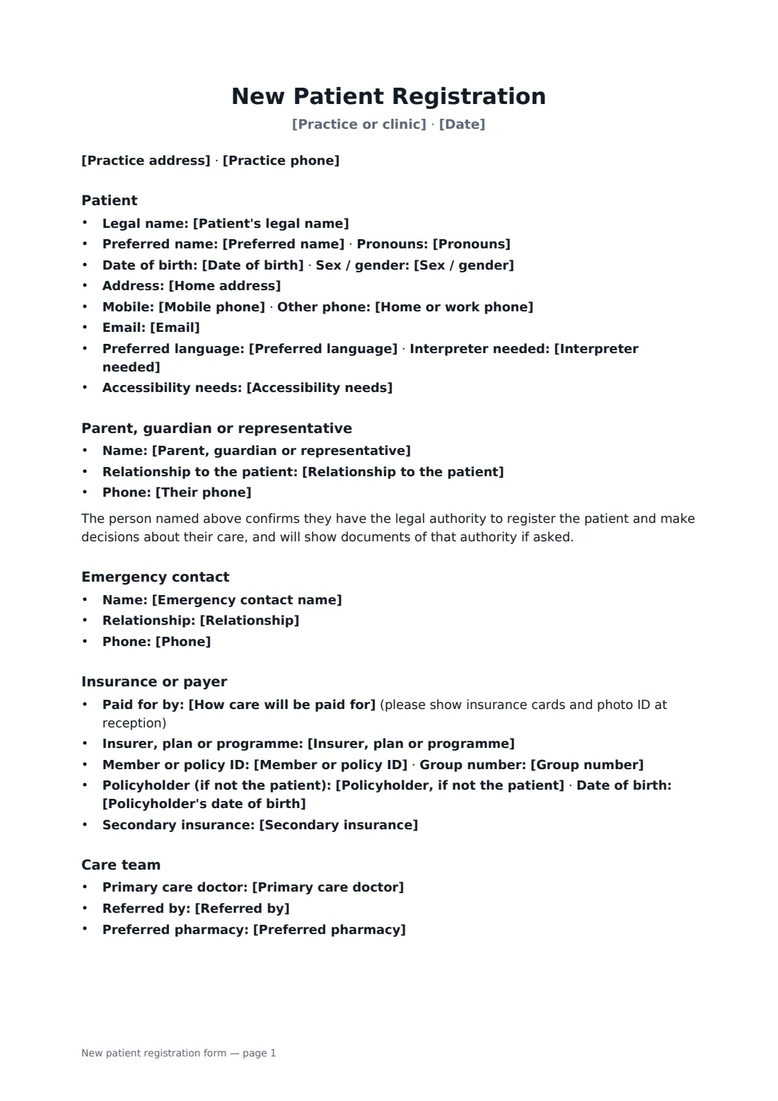 New patient registration form — page 1 of 2
