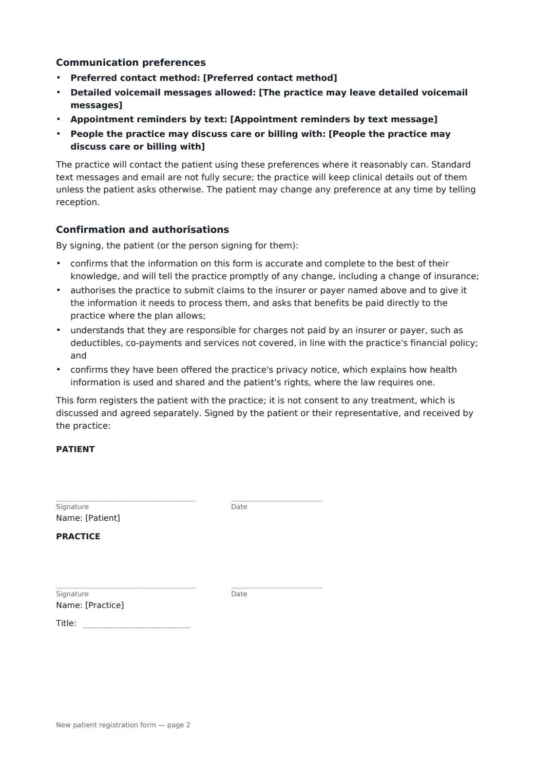 New patient registration form — page 2 of 2