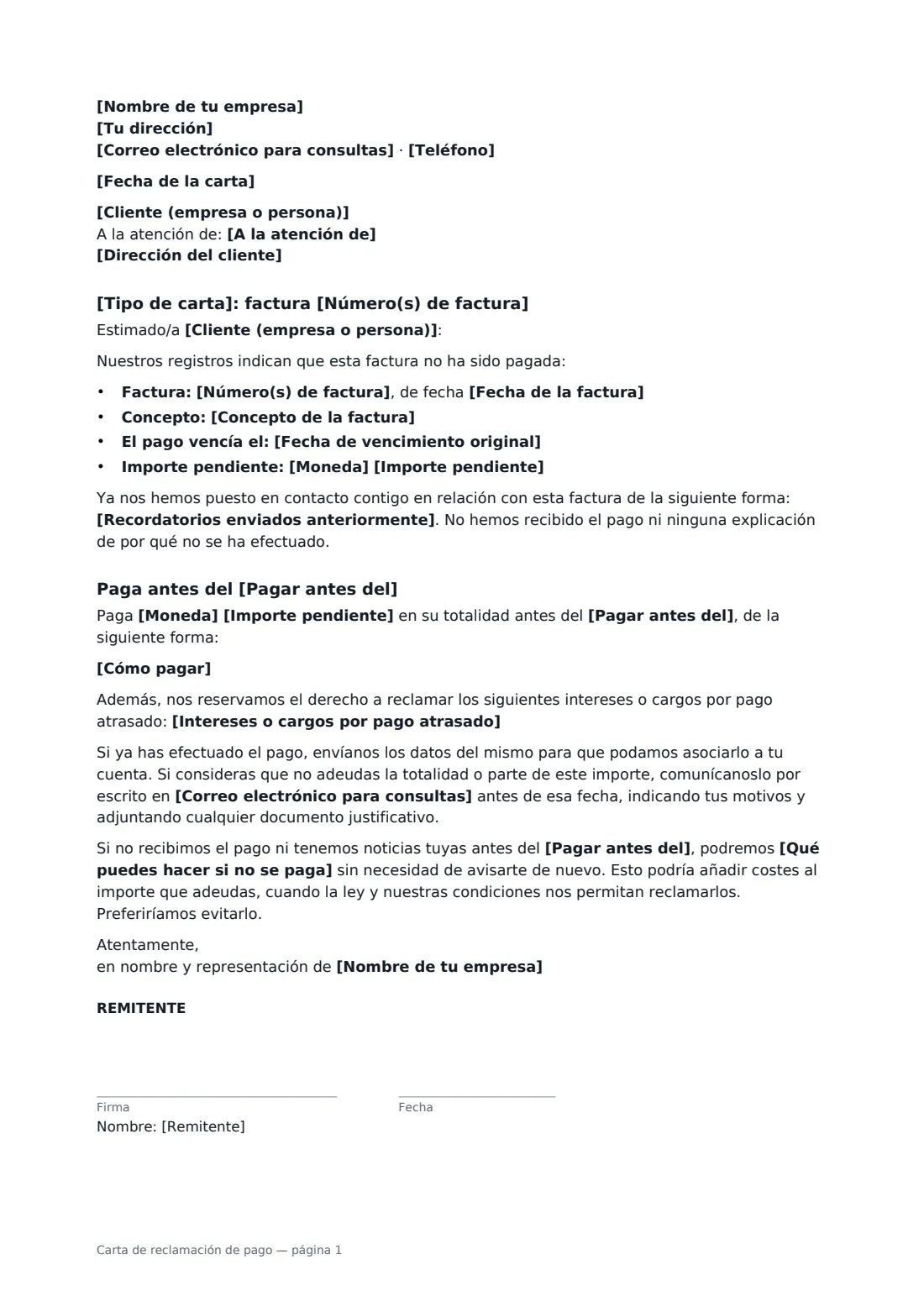 Carta de reclamación de pago: página 1 de 1