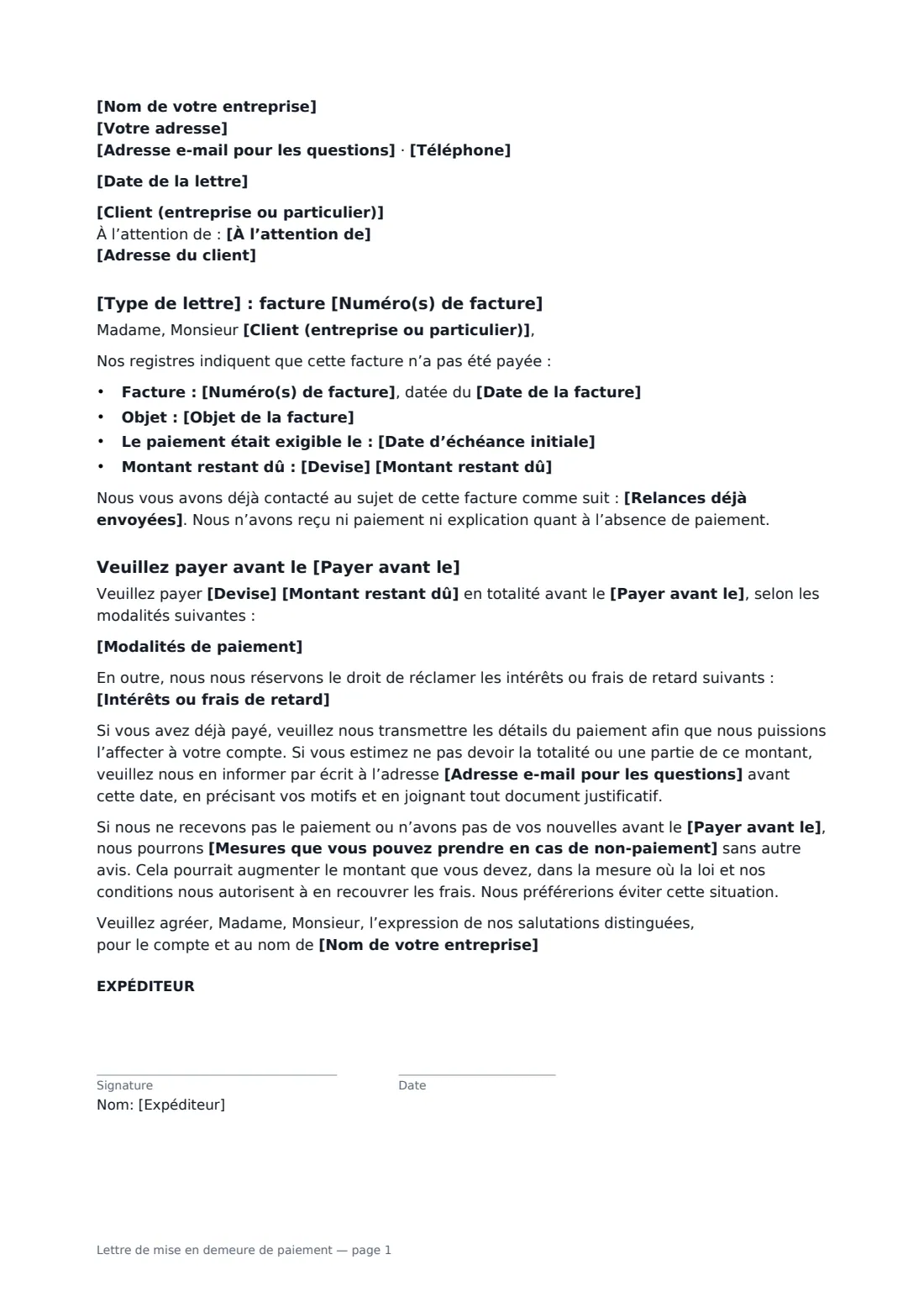 Lettre de mise en demeure de paiement — page 1 sur 1