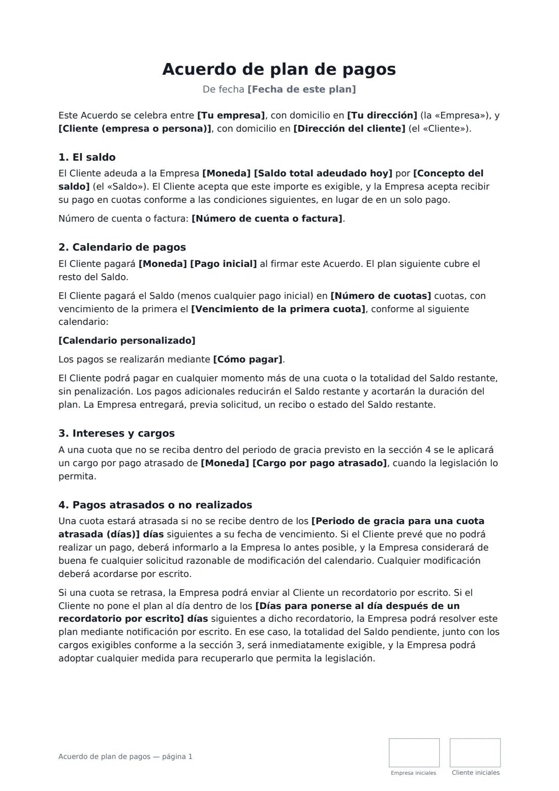 Acuerdo de plan de pagos: página 1 de 2