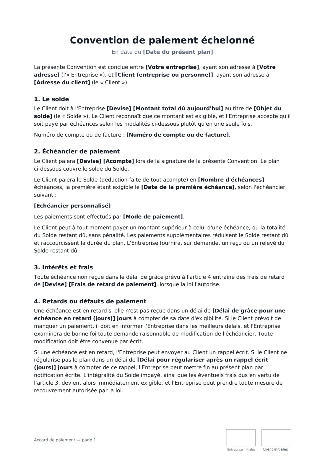 Accord de paiement — page 1 sur 2
