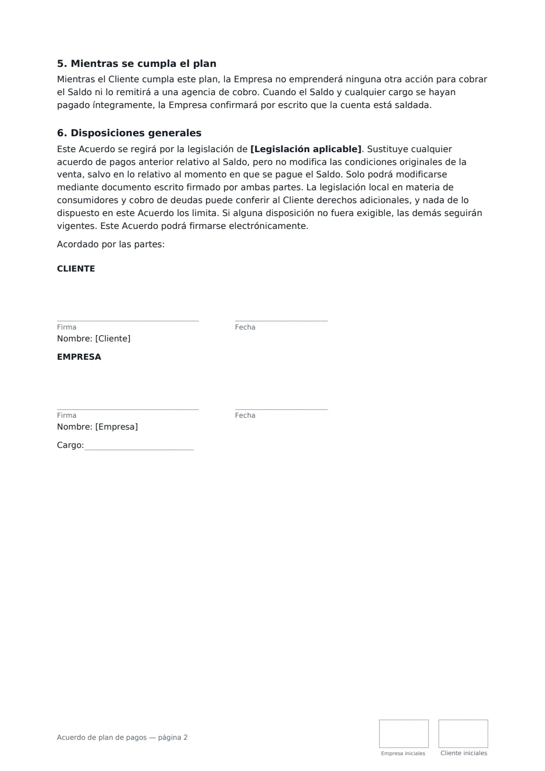 Acuerdo de plan de pagos: página 2 de 2