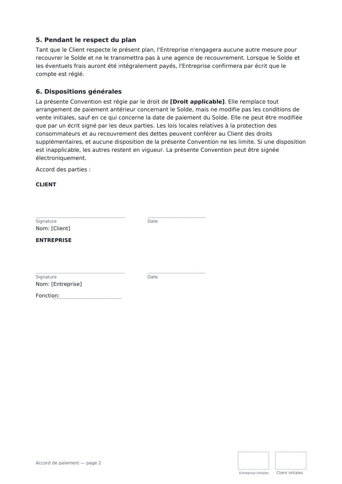 Accord de paiement — page 2 sur 2
