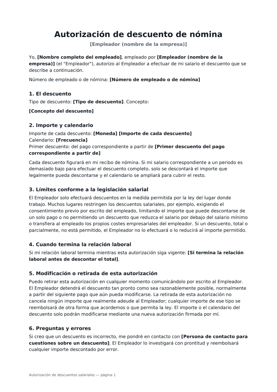 Autorización de descuentos salariales: página 1 de 2