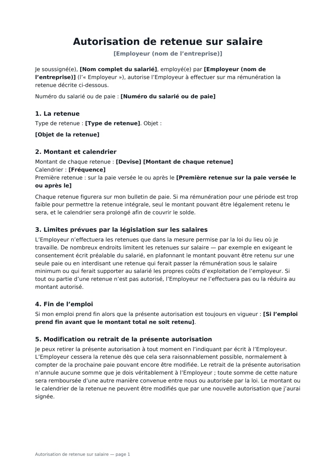 Autorisation de retenue sur salaire — page 1 sur 2