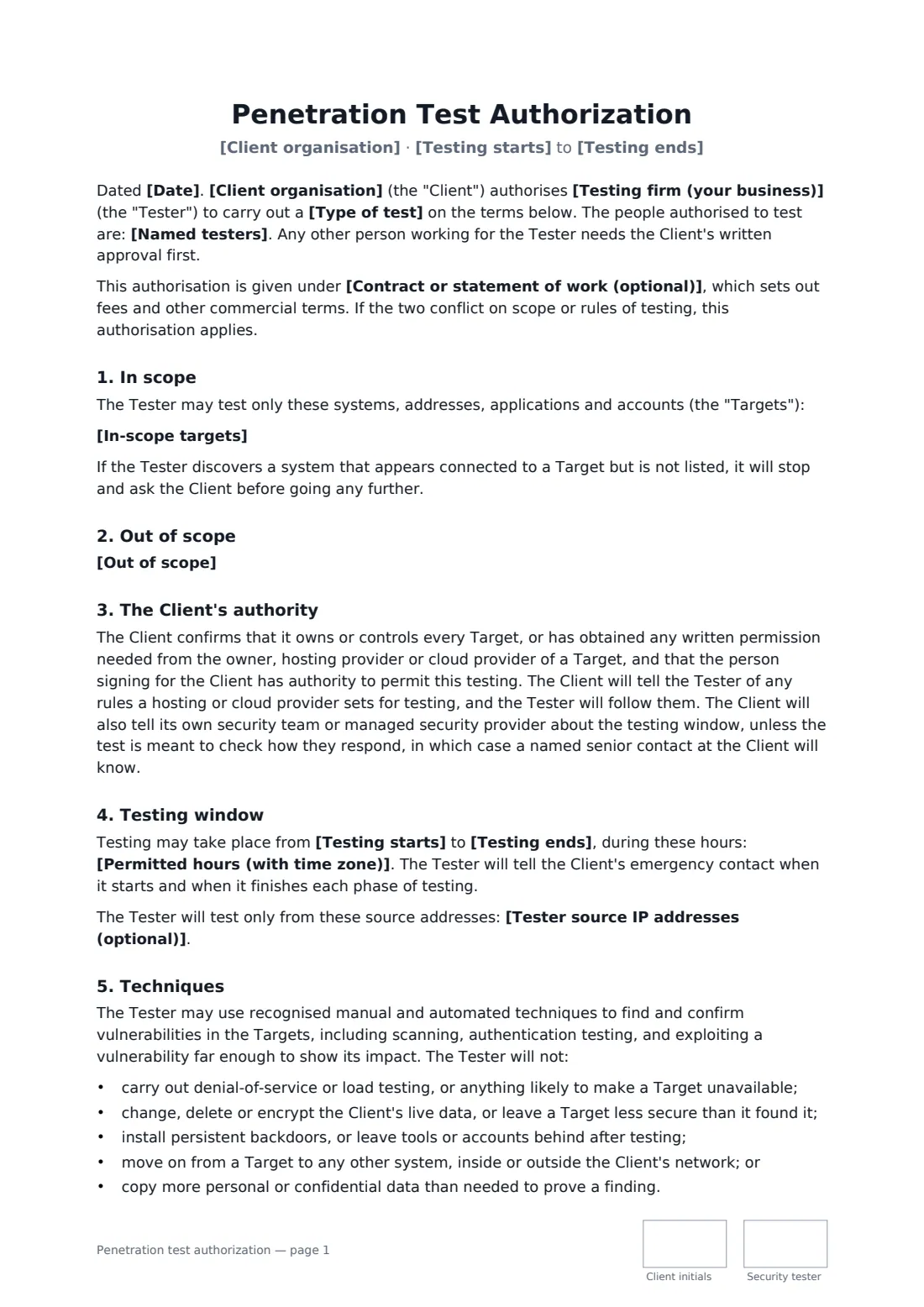 Penetration test authorization — page 1 of 3