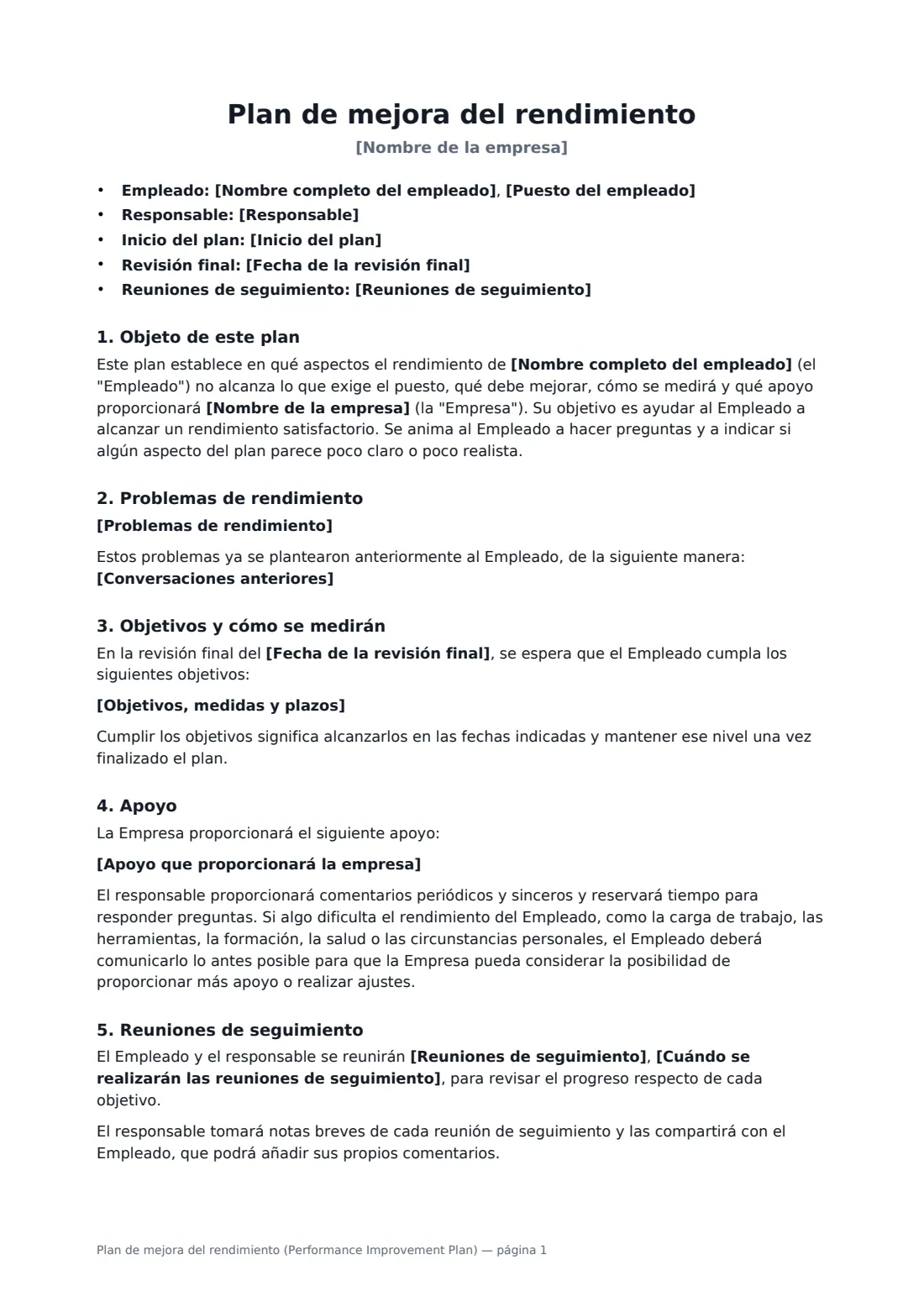 Plan de mejora del rendimiento (Performance Improvement Plan): página 1 de 2