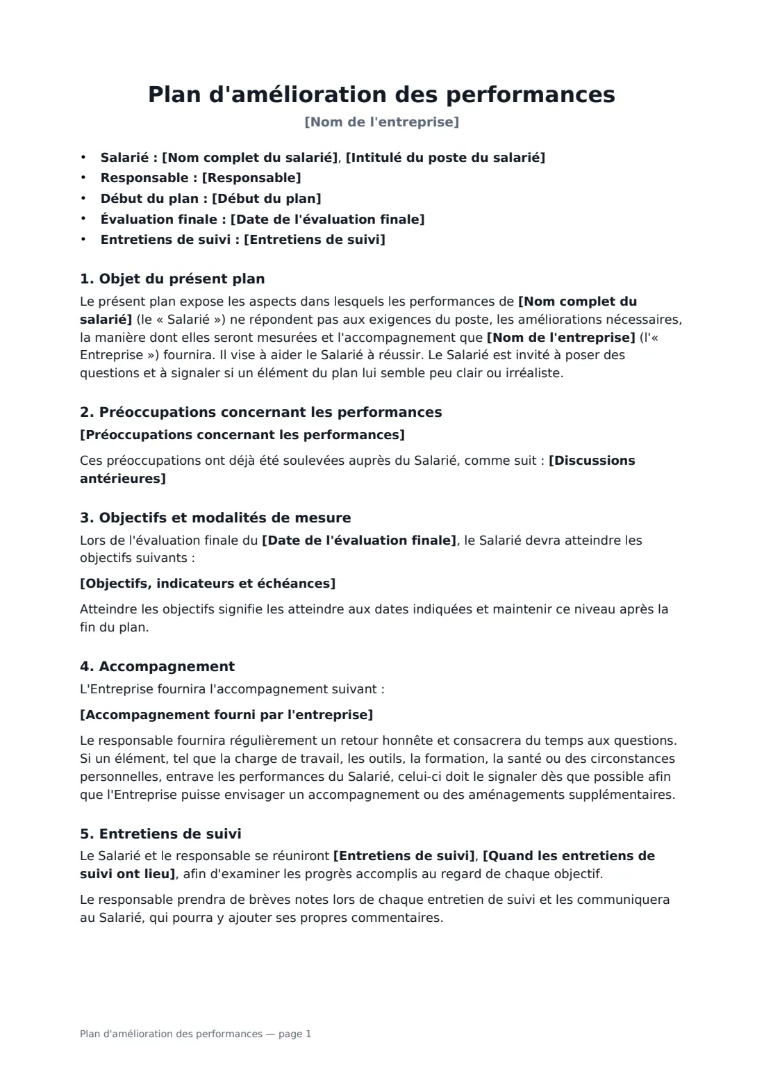 Plan d'amélioration des performances — page 1 sur 2