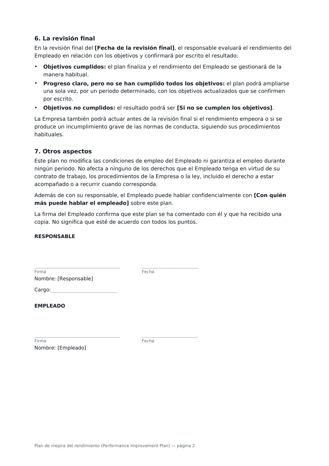 Plan de mejora del rendimiento (Performance Improvement Plan): página 2 de 2
