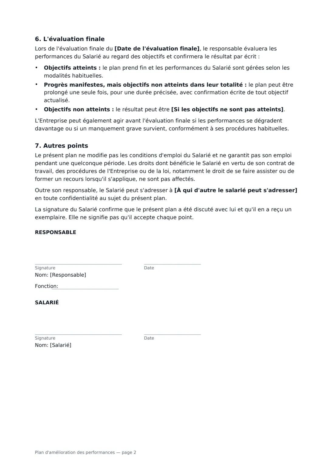 Plan d'amélioration des performances — page 2 sur 2