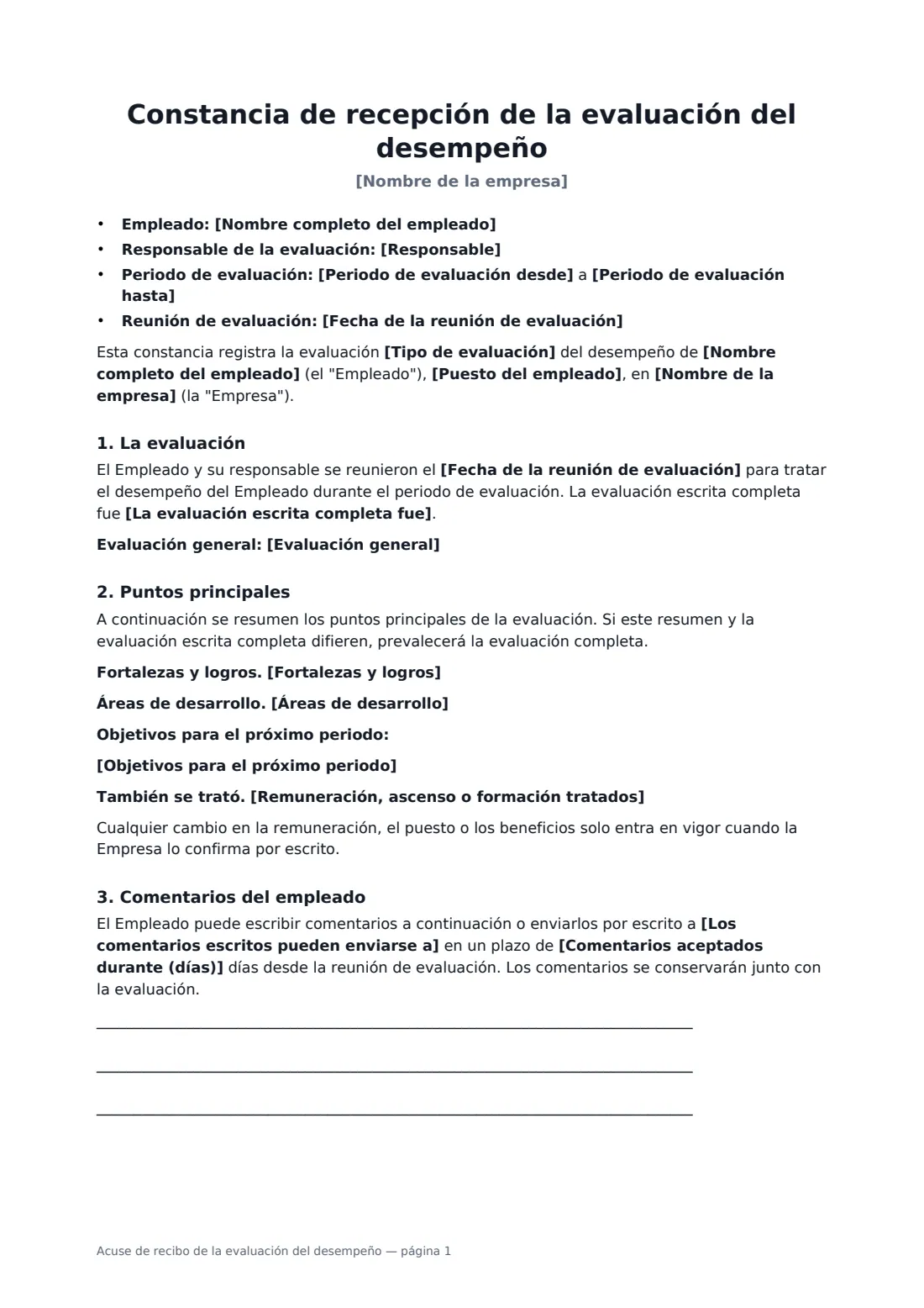 Acuse de recibo de la evaluación del desempeño: página 1 de 2