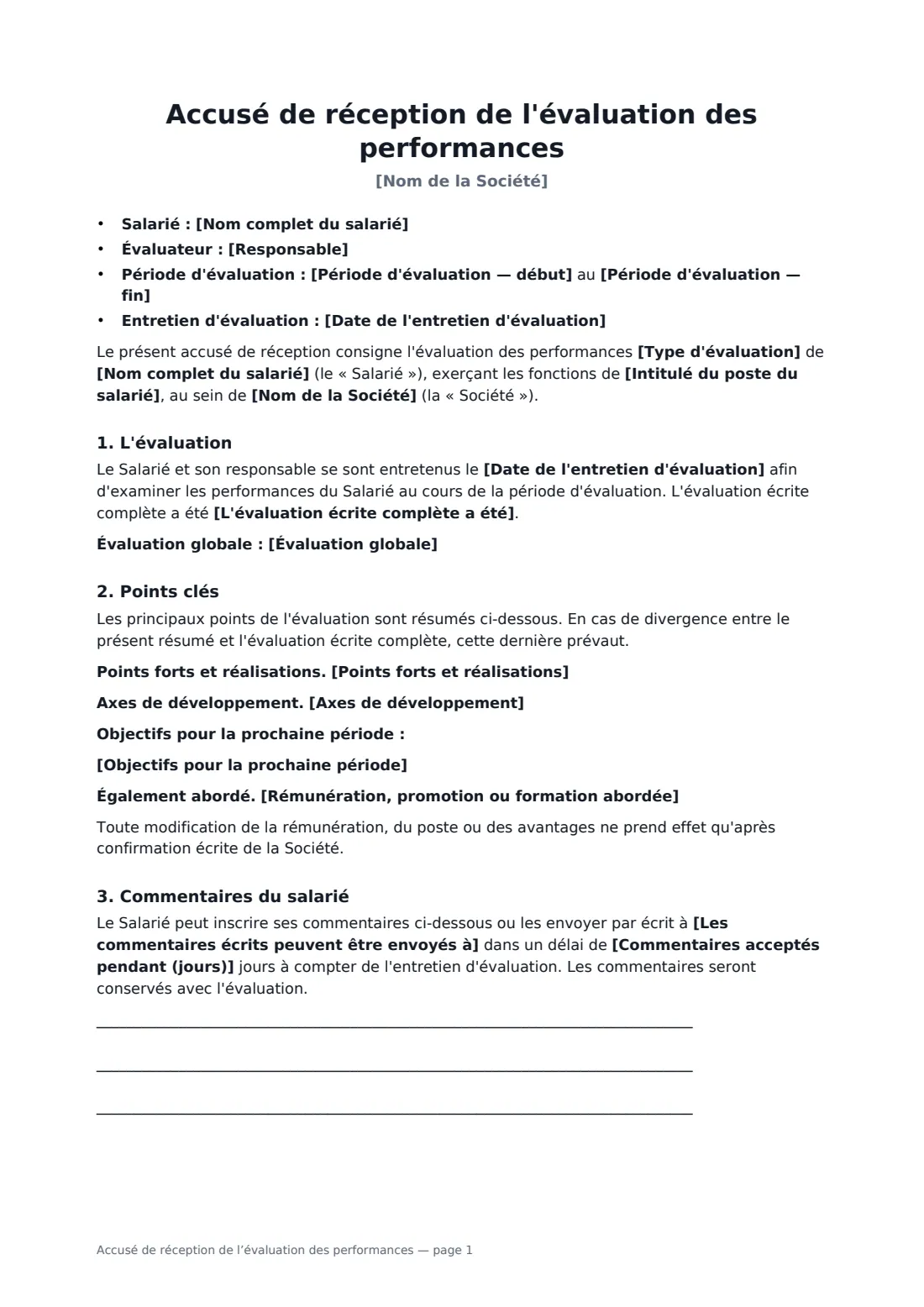 Accusé de réception de l’évaluation des performances — page 1 sur 2