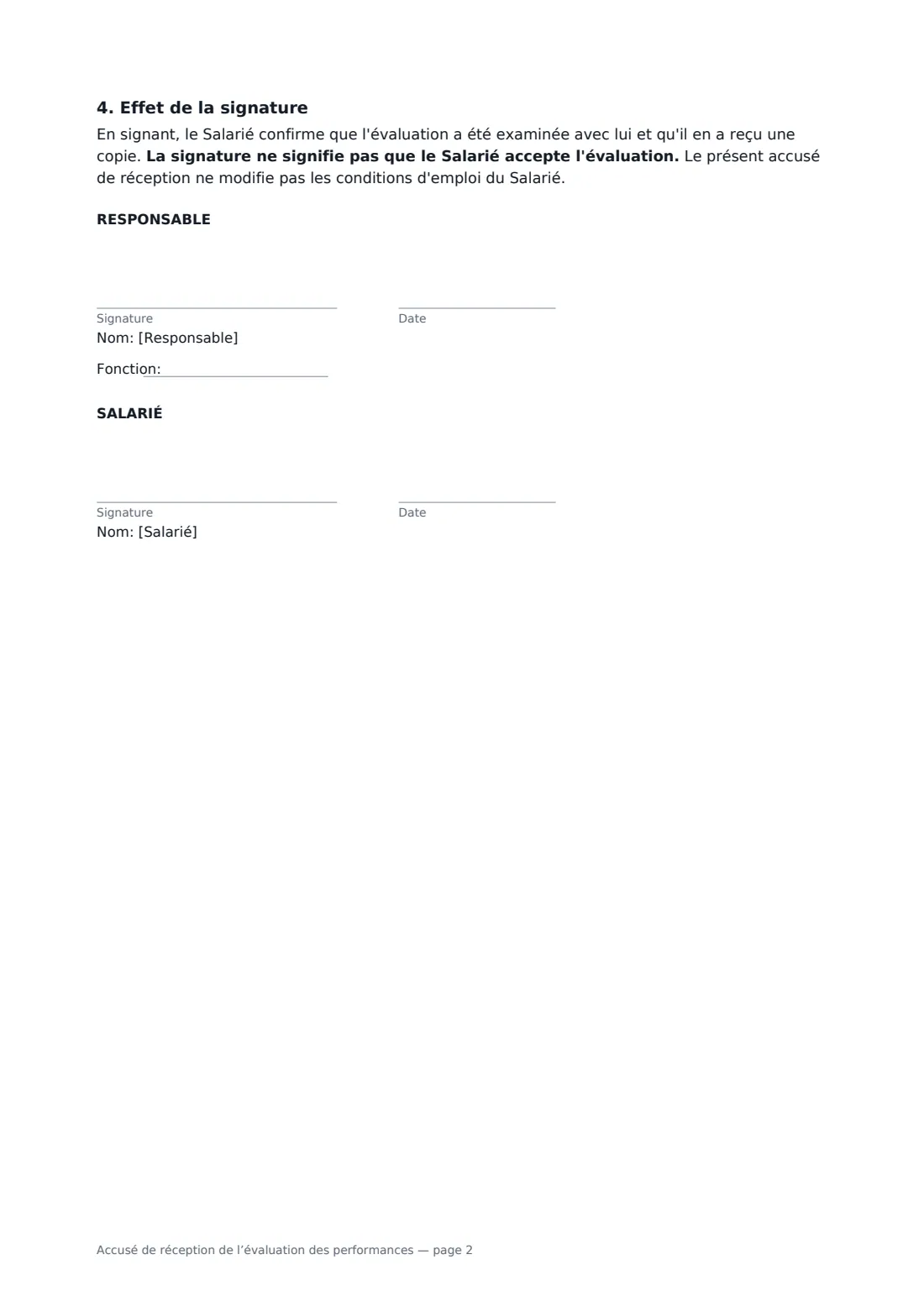 Accusé de réception de l’évaluation des performances — page 2 sur 2