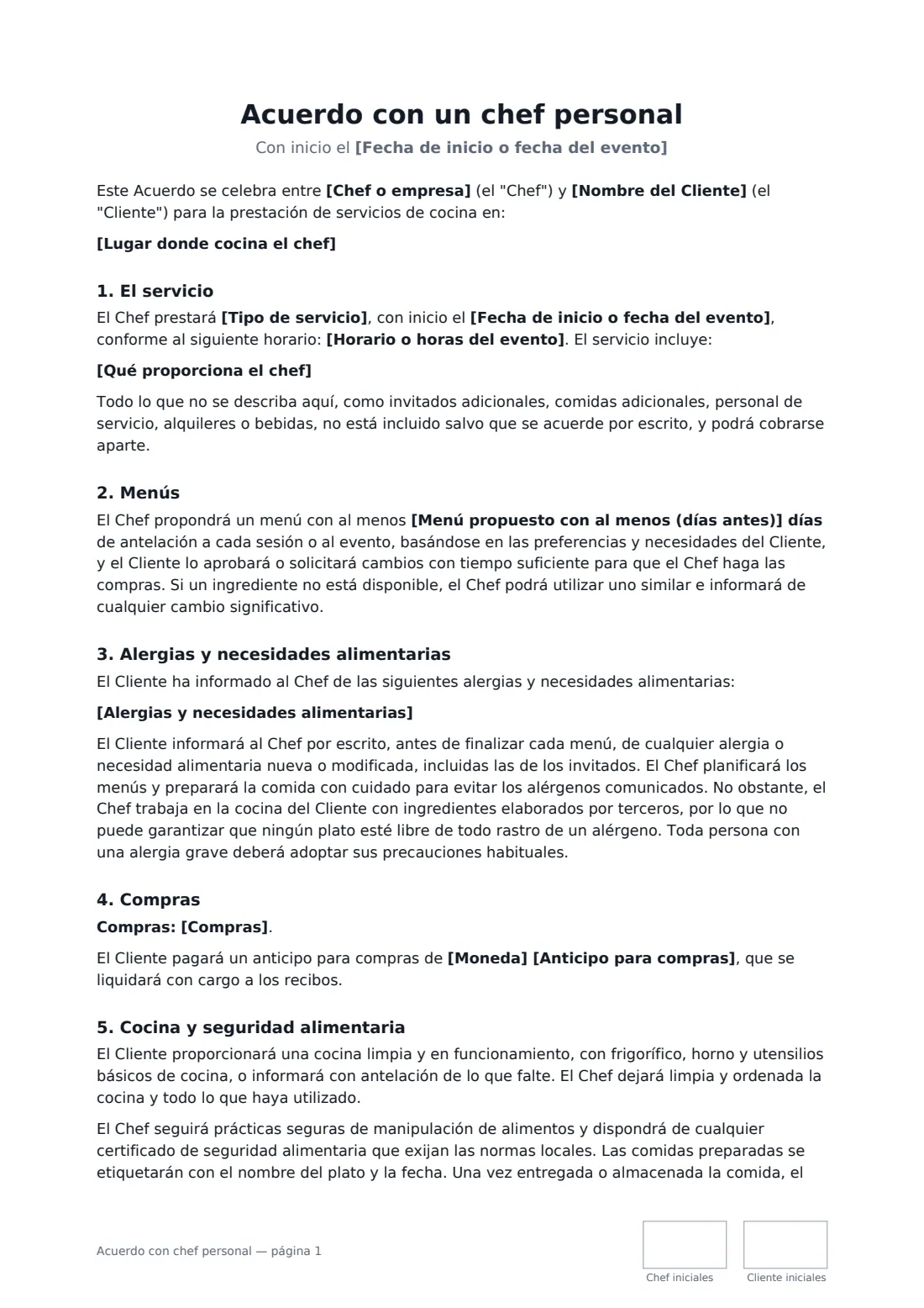Acuerdo con chef personal: página 1 de 3