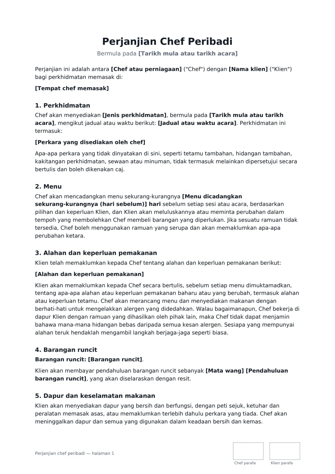 Perjanjian chef peribadi — halaman 1 daripada 3