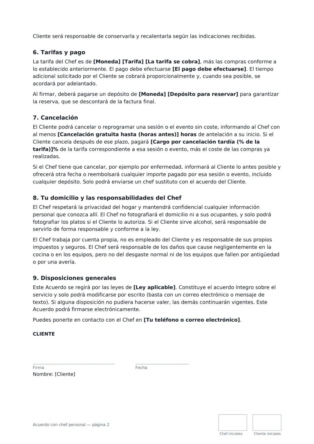 Acuerdo con chef personal: página 2 de 3