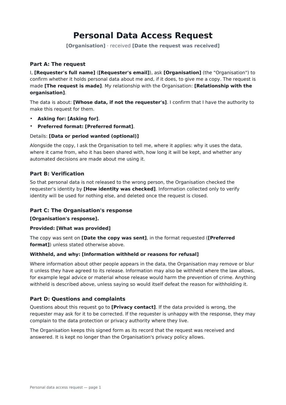 Personal data access request — page 1 of 2