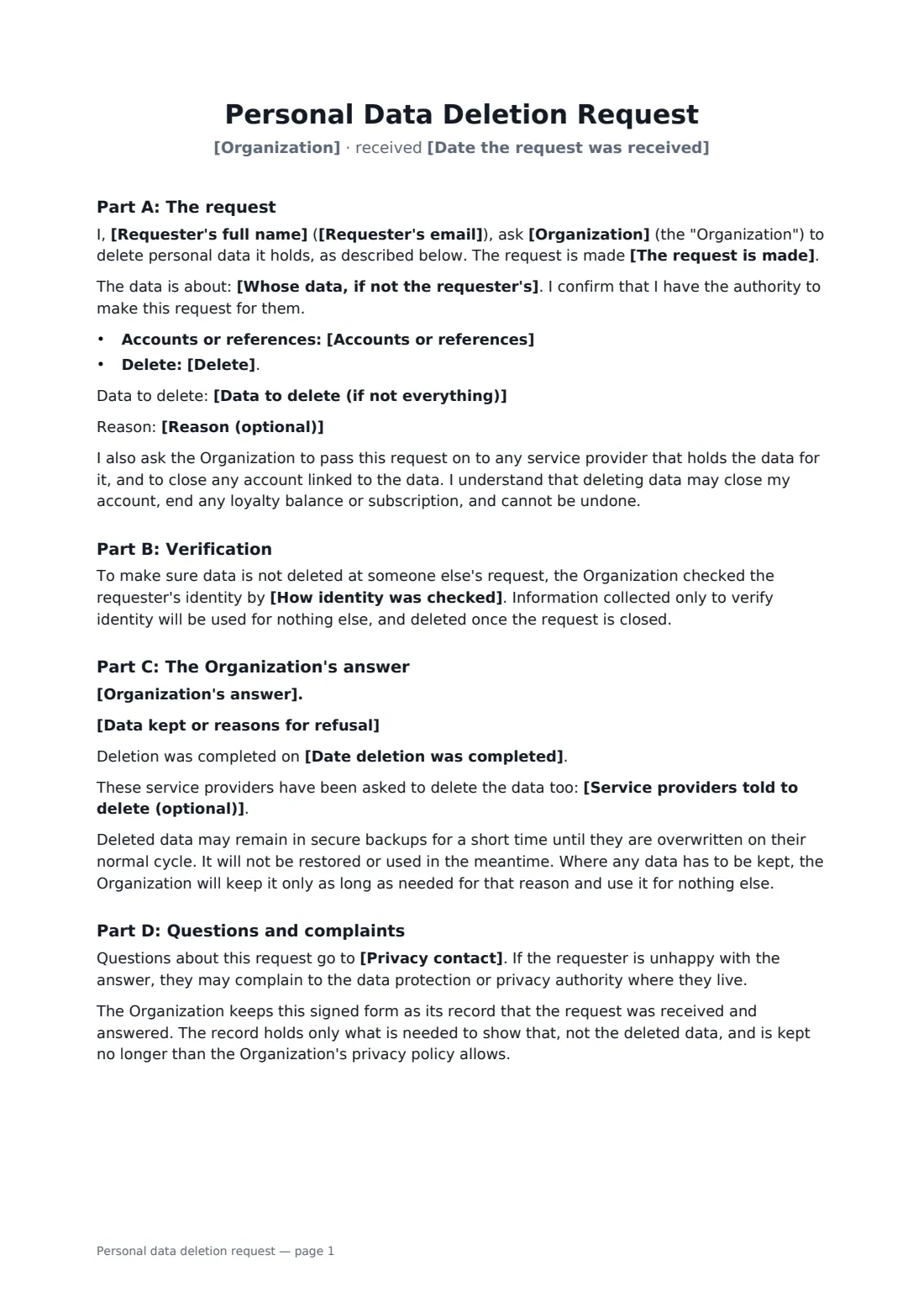 Personal data deletion request — page 1 of 2