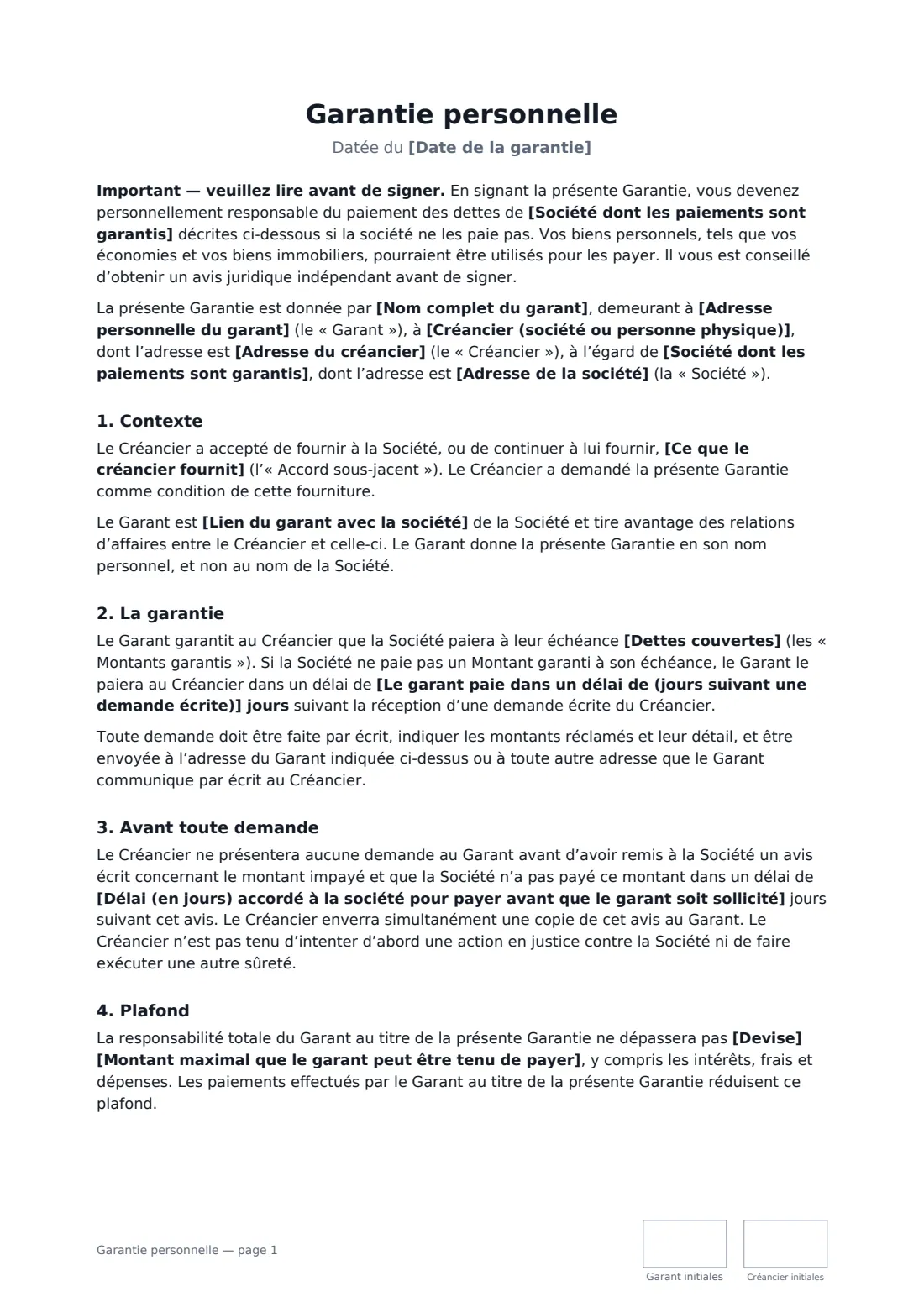 Garantie personnelle — page 1 sur 3