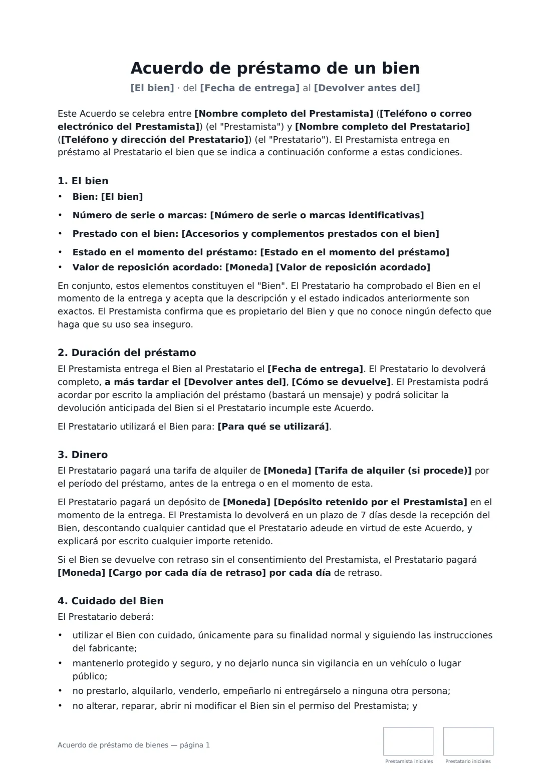 Acuerdo de préstamo de bienes: página 1 de 2