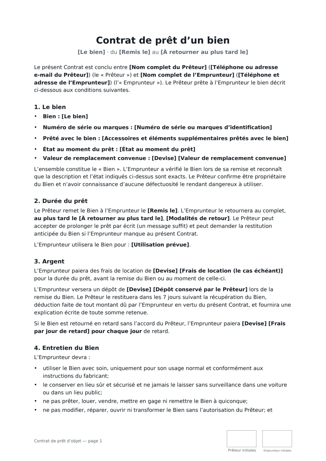 Contrat de prêt d’objet — page 1 sur 2