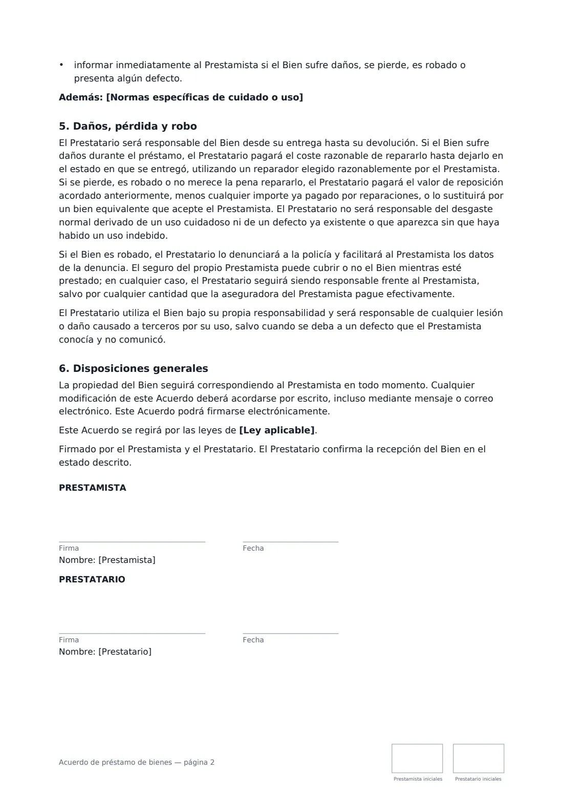 Acuerdo de préstamo de bienes: página 2 de 2