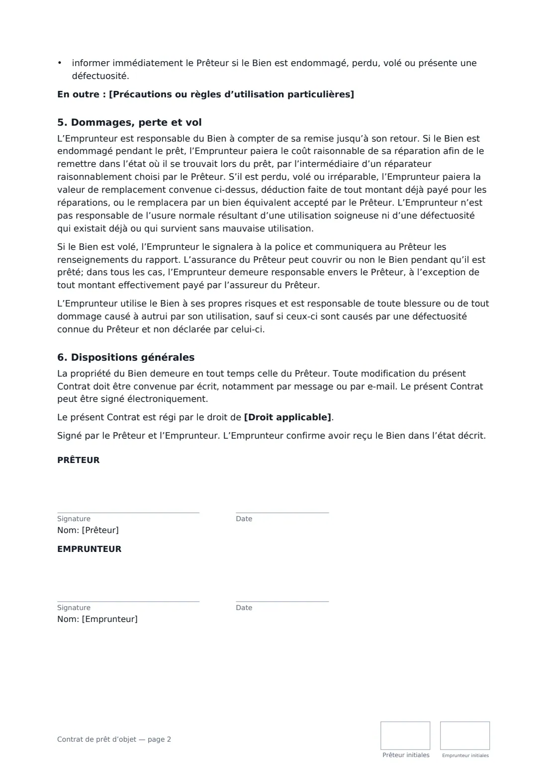 Contrat de prêt d’objet — page 2 sur 2